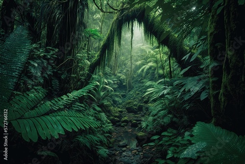 Dense rainforest with lush green foliage. Generative AI © Kanisorn