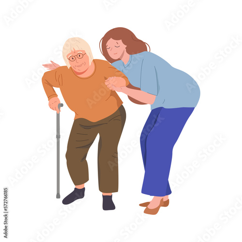 A young woman carer helps an elderly woman to walk with a cane. Caring for a sick person. Vector flat illustration isolated on white background.