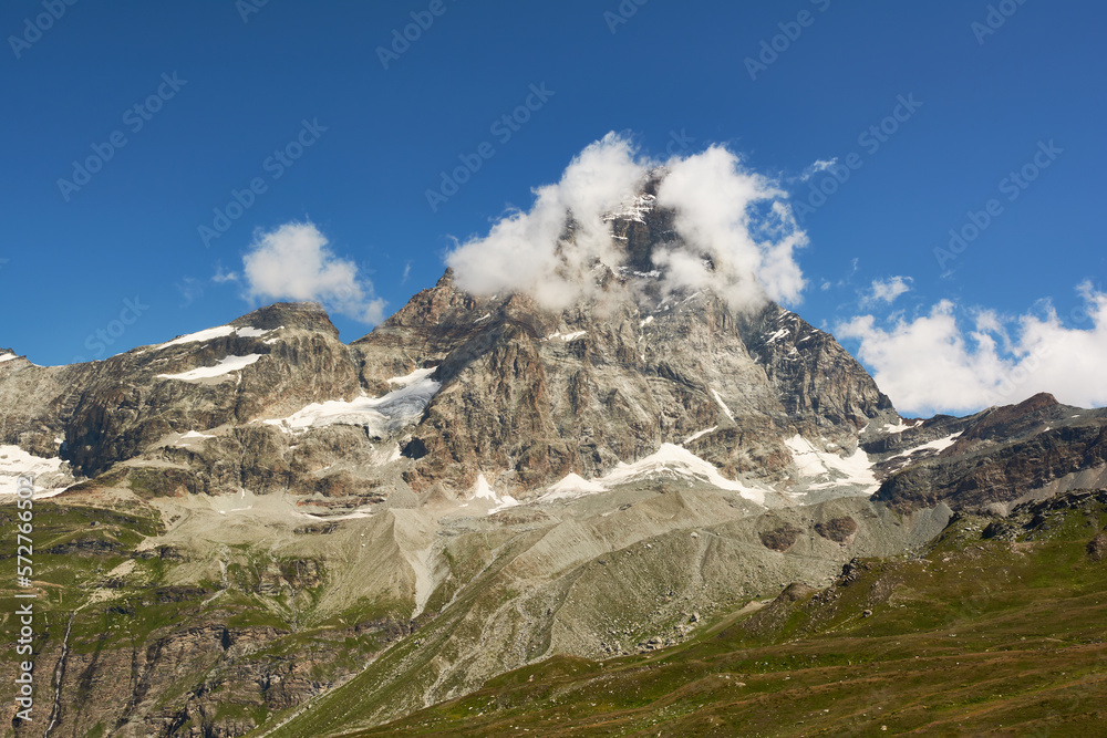 The south face of the Matterhorn Mount. View from Breuil-Cervinia in Italy
