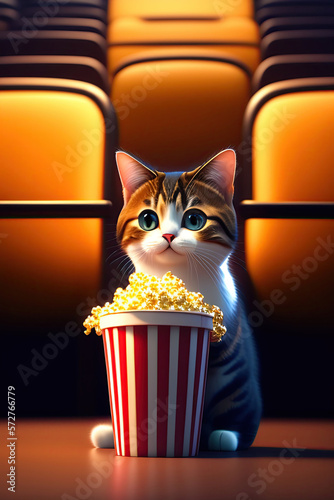 Cat with popcorn in the cinema