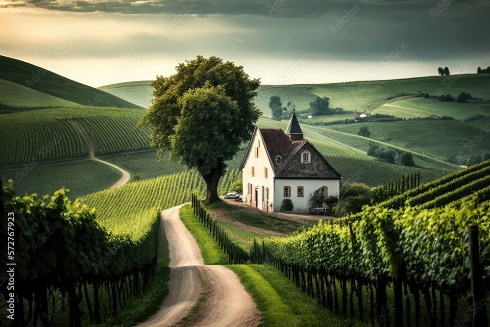 Picturesque vineyard, with rolling hills covered in grapevines and a quaint farmhouse at the top of the hill. Generative AI