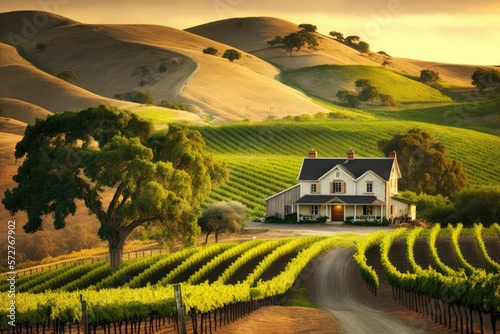 Picturesque vineyard, with rolling hills covered in grapevines and a quaint farmhouse at the top of the hill. Generative AI