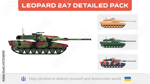 4 versions Leopard 2A7 with different camouflage. German main battle tank (MBT). Leopard tank vector illustration