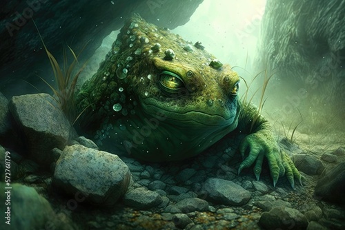 Ancient, strange, primeval animal. The creature's skin was a mottled shade of green, blending in seamlessly with the rocky terrain beneath its feet. Generative AI