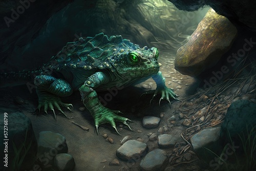 Ancient, strange, primeval animal. The creature's skin was a mottled shade of green, blending in seamlessly with the rocky terrain beneath its feet. Generative AI