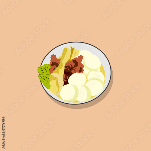 Lontong, rice cake with chicken and rendang, indonesian traditional food