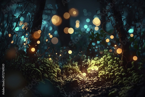 Tropical and exotic night forest Fairytale forest with mystical magic lights. Living greenery of the forest background environment generative ai.
