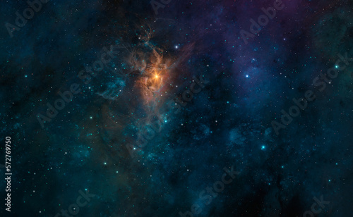 Fototapeta Naklejka Na Ścianę i Meble -  Space background. Colorful blue and violet nebula with star field and orange sun. Digital painting