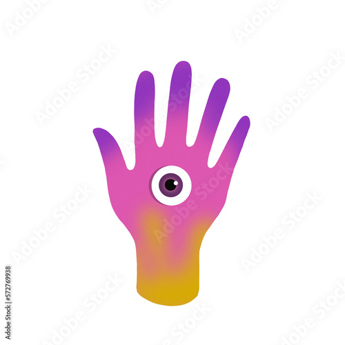 Illustration of hand with gradient from purple to yellow with a hole in the middle with an eye inside