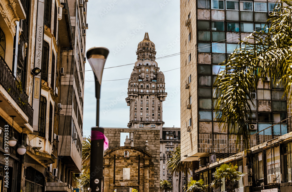 Montevideo, Uruguay - December 22, 2022: Traditional Spanish architecture in the old town of Montevideo, capital of Uruguay
