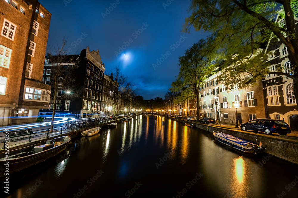 Canal in down town Amsterdam at night