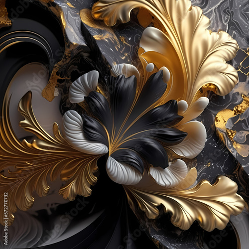 Abstract Flower Background, Floral Background, Gold, Black Liquid Resin Acrylic 3D Wallpaper
