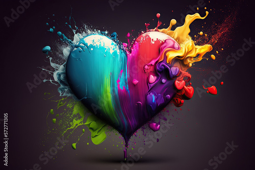 volumetric heart of colored paints with splashes on dark background. Generative AI