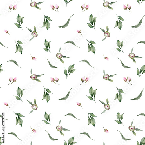 Seamless floral pattern with pink small little flowers on white background, watercolor. Template design for fabric, interior, clothes, wallpaper. Botanical art