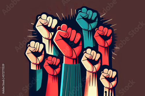 Set of raised up fist symbols with different races hands, protest concept. Generative Ai