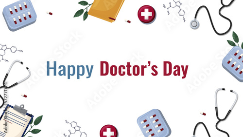 doctor's day. banner template, postcard, pills, formulas, doctors. vector, flat, cartoon style