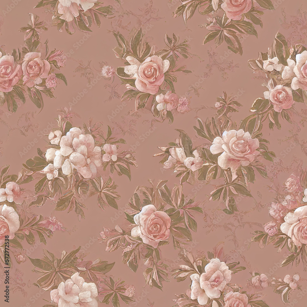 2d flat Baroque floral wallpaper, beautiful white cream pink peach gardenias, seamless repeat, smooth