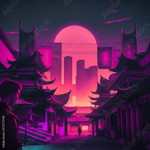 Chinese City Fullmoon Retrowave Colors Comic Book