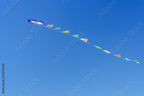 Colorful kite soars high in the sky Blue sky. Sports kite festival. Clean Monday in Greece. A flying kite with a wriggling tail. Copyspace, banner photo