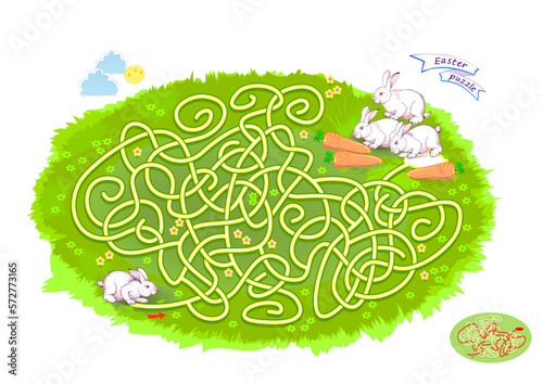 Best labyrinths. Can you help the Easter bunny find the way to his friends? Logic puzzle game. Brain teaser book with maze. Educational page for children. Play online. Vector illustration.