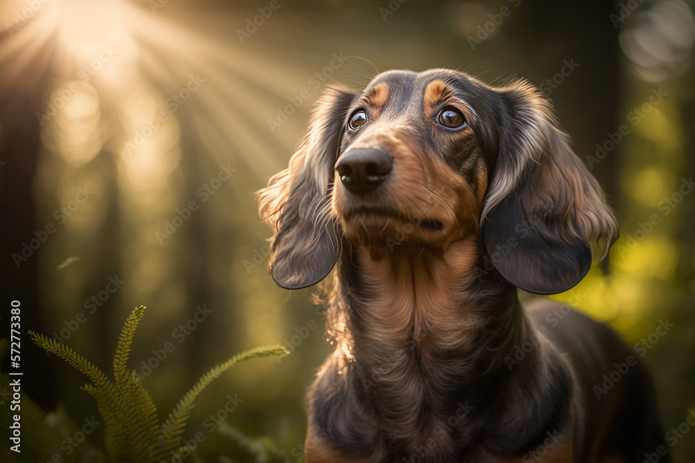 Dachshund dog close up portrait on a sunny day in the forrest