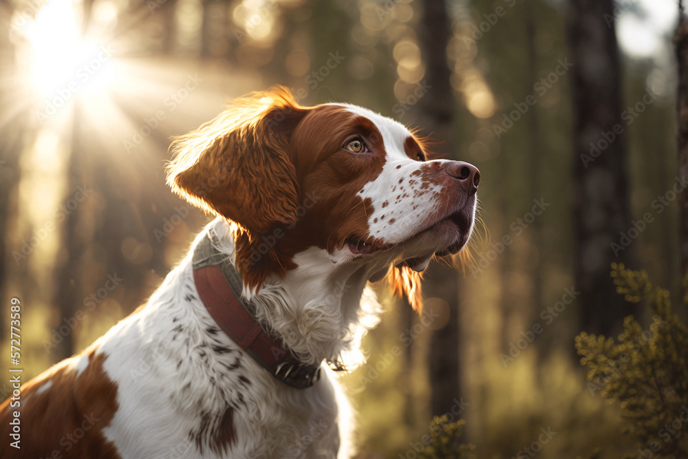 Brittany dog portrait on a sunset in the forrest