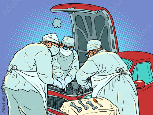 The doctors are repairing the car. auto repair shop garage High quality and serious attitude to work. Maintenance for driver safety. Car problems are no joke.