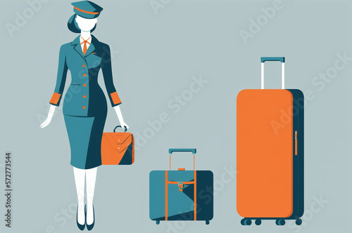 Minimalist illustration of a flight attendant uniform and luggage