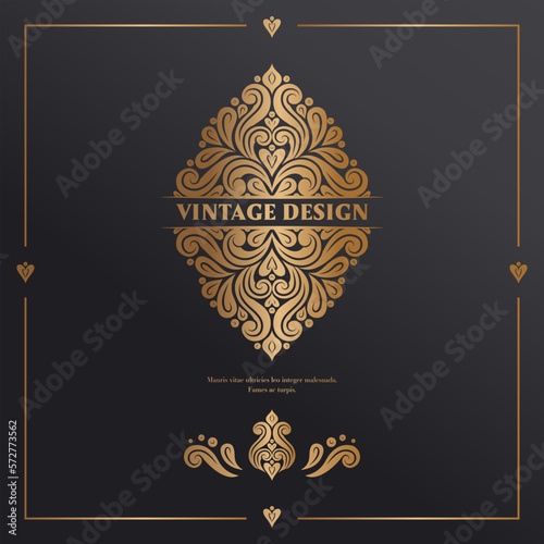 Frame with golden vector ornament on a black background. Elegant, classic elements. Can be used for jewelry, beauty and fashion industry. Great for logo, emblem, or any desired idea.