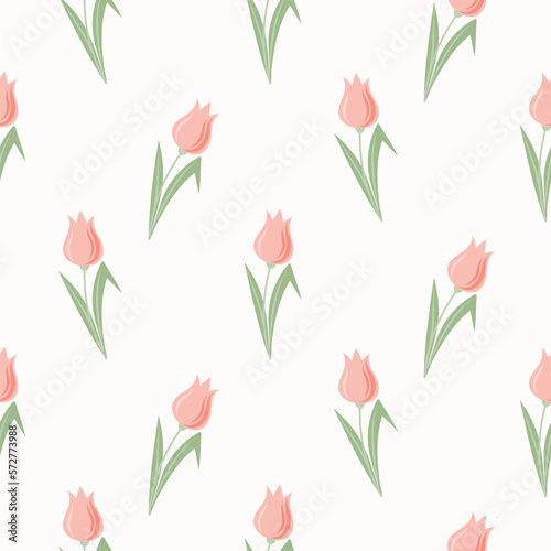 Seamless pattern of hand drawn tulips in pastel colours on isolated background. Design for mother’s day, springtime and summertime celebration, scrapbooking, textile, home decor, paper craft.