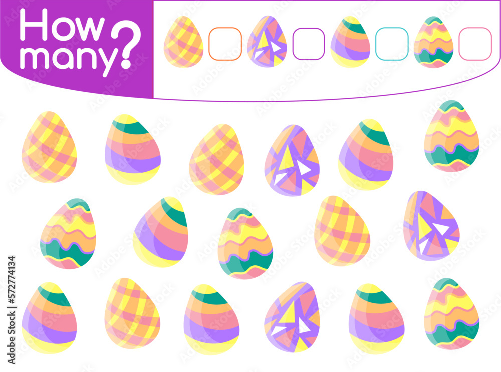 Counting game for preschool children vector illustration. Educational mathematical game. Count how many Easter eggs by colors and decor and write the result Counting game for preschool children vector illustration. Educational mathematical game. Count how many Easter eggs by colors and decor and write the result