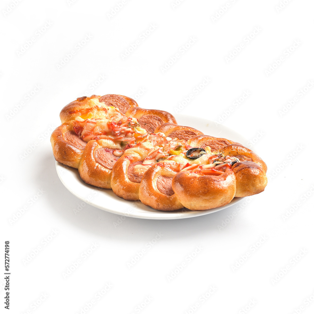 Twisted sausage bread is made of sausage slices and cheese. It is then topped with pickled olive and boiled corn. These finger food is tasty. There are photo and vector versions for design idea. Twisted sausage bread is made of sausage slices and cheese. It is then topped with pickled olive and boiled corn. These finger food is tasty. There are photo and vector versions for design idea.