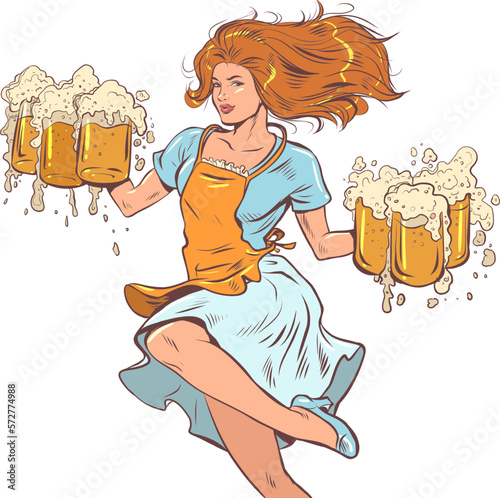 A girl with red hair in a dress delivers beer. A skilled barista deftly delivers orders.