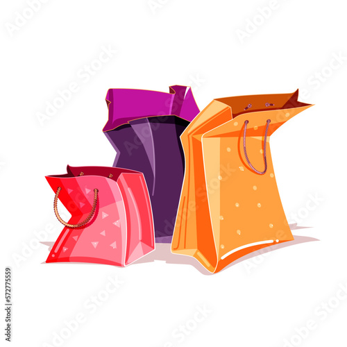 Colorful isolated paper bag on white background. Shopping flat cartoon vector illustration for poster, web design, banner, card, flyer, icon, logo or badge.