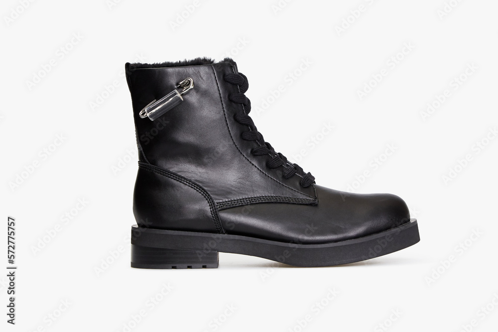 Black men's classic leather ankle boots isolated on white background. Business formal male polished glossy shoes. Winter boot for man with fur inside. Single. Template, mock up Black men's classic leather ankle boots isolated on white background. Business formal male polished glossy shoes. Winter boot for man with fur inside. Single. Template, mock up