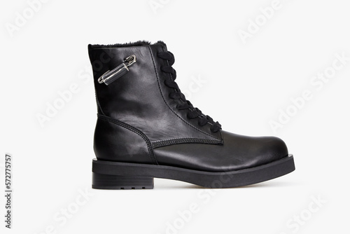 Black men's classic leather ankle boots isolated on white background. Business formal male polished glossy shoes. Winter boot for man with fur inside. Single. Template, mock up © Olha