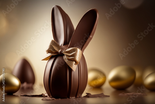 Fotografia ovo de páscoa com orelhas de coelho feito de chocolate com laço dourado em fundo