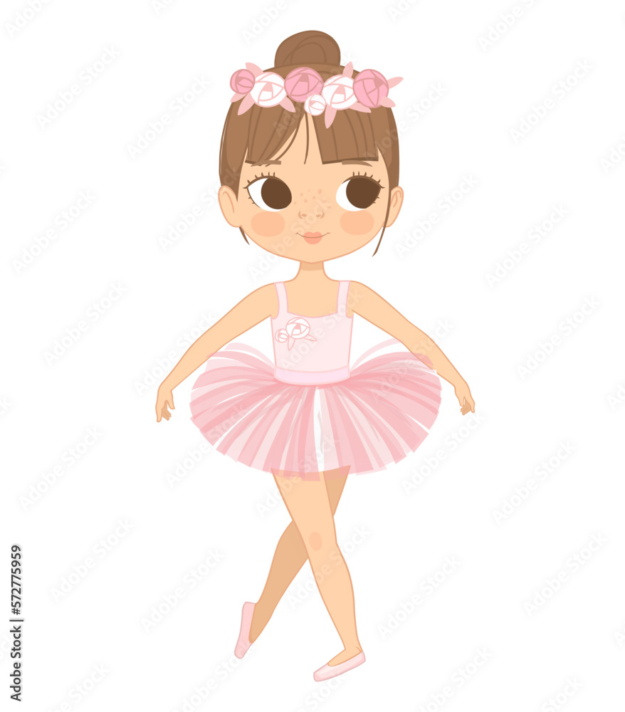 Cute Brown Hair Ballerina Girl Dancing. Little Ballerina in a Pink Tutu Dress and Rose Flowers Wreath. Vector, Adorable Girl in a pink dress. Isolated Cute Brown Hair Ballerina Girl Dancing. Little Ballerina in a Pink Tutu Dress and Rose Flowers Wreath. Vector, Adorable Girl in a pink dress. Isolated