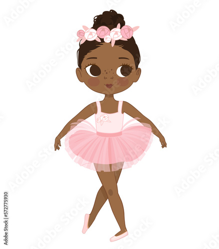 Cute Black Girl Ballerina Dancing. Little Ballerina in a Pink Tutu Dress and Rose Flowers Wreath. Vector, Adorable African American Girl in a pastel pink dress. Isolated