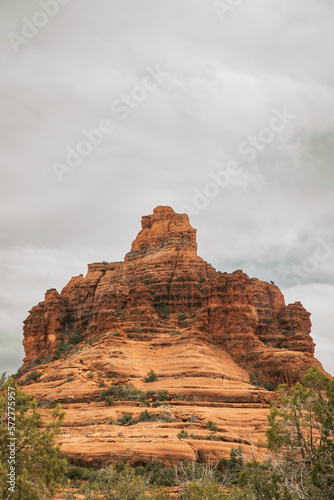 Bell Rock at red rock coconino national forest in Sedona Arizona USA against white cloud background. Copy space.