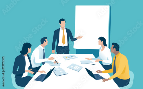 Presentation, meeting, teamwork. The business team listens to the leader. Business vector illustration. 
