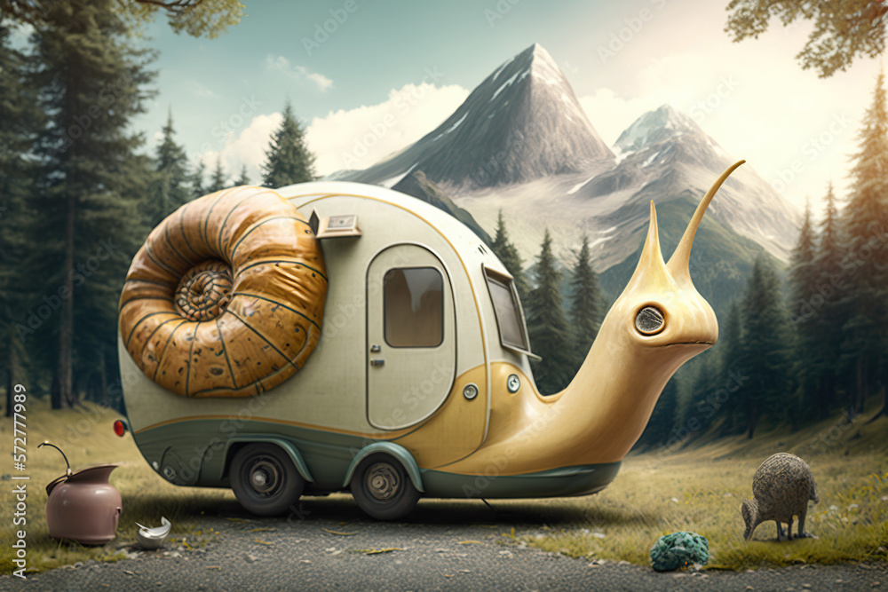 A snail in the form of a motorhome stopped at a campsite, concept of Campervan and Nature-inspired Design, created with Generative AI technology - obrazy, fototapety, plakaty 