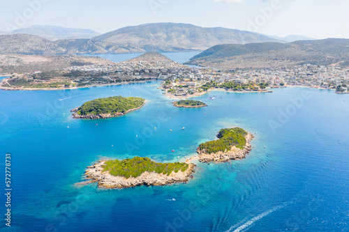 Ksamil beaches. Four islands. The bay. The Tetran Archipelago. Ksamil. Albania. Drone shooting. Aerial photography