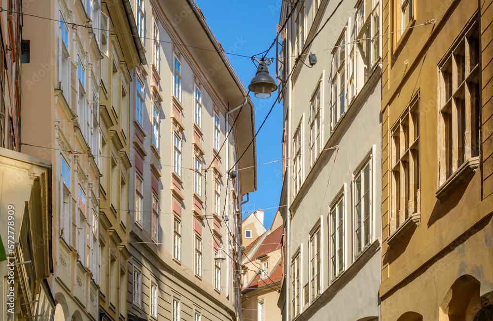 View of a street with town houses in Graz, Austria