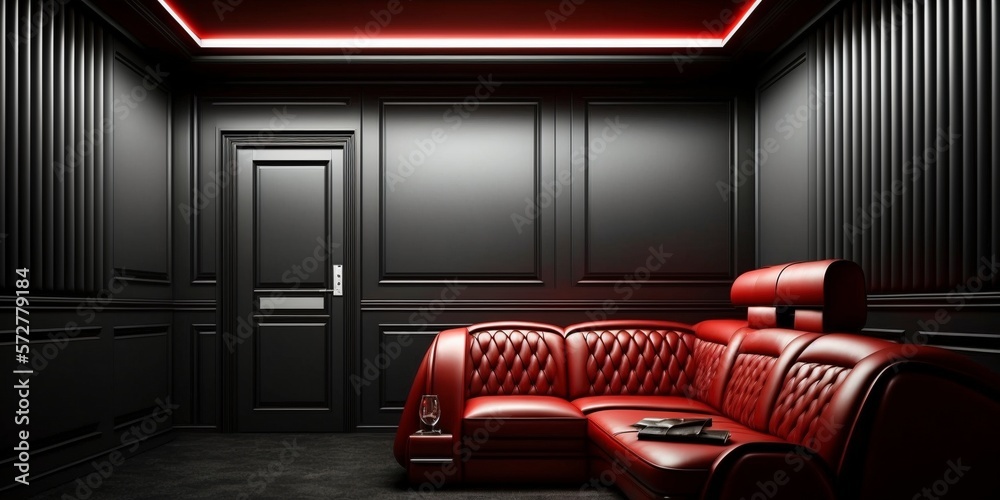 Luxury dark living room interior with red sofa mock up, modern interior background, empty black wall mockup, 3d illustration Luxury dark living room interior with red sofa mock up, modern interior background, empty black wall mockup, 3d illustration