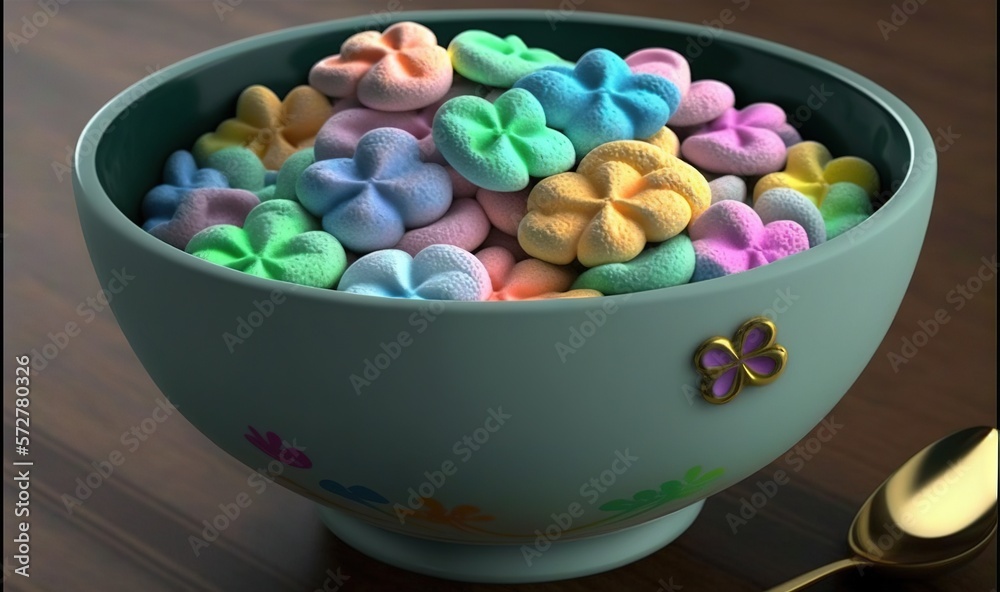 a bowl filled with colorful marshmallows next to a spoon. generative ai a bowl filled with colorful marshmallows next to a spoon. generative ai