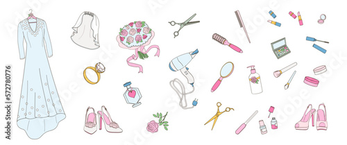 set elements about preparation for the wedding ceremony - the bride's dress, shoes, cosmetics, veil