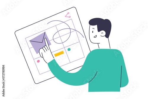 Person creates a weekly schedule, uses digital calendar, sets events, shares with friends, pushes email icon to send invitation, personal organizer interface, agenda application, vector illustration