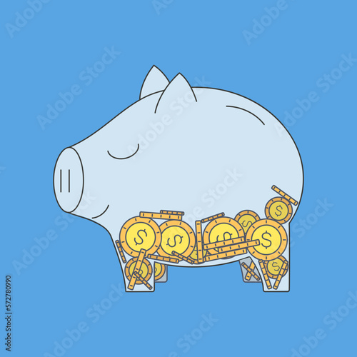 Transparent Piggy Bank with Coins. Satisfied Pig with cents. Dollar symbol. Savings, investment, personal finance. Money for a rainy day. Vector illustration, flat style.