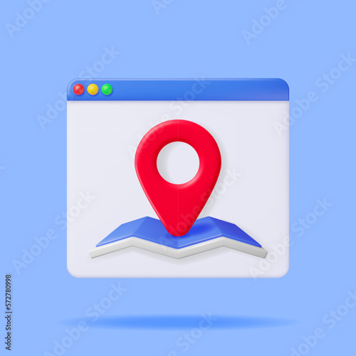 3D Folded Paper City Suburban Map with Location Pin in Browser Window Isolated. Render Abstract Generic Map. GPS and Navigation. Location Services. Points of Interest. Vector Illustration